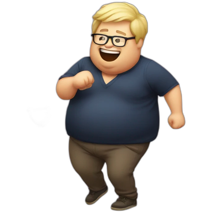 Fat blond man with glasses and a glass of red wine dancing like a drunk emoji