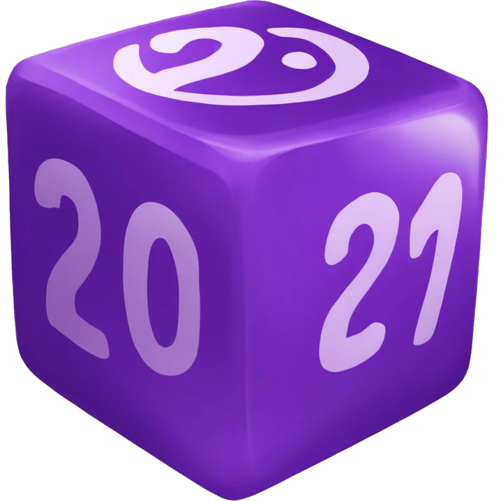 purple icosahedron dice, number 20 emoji