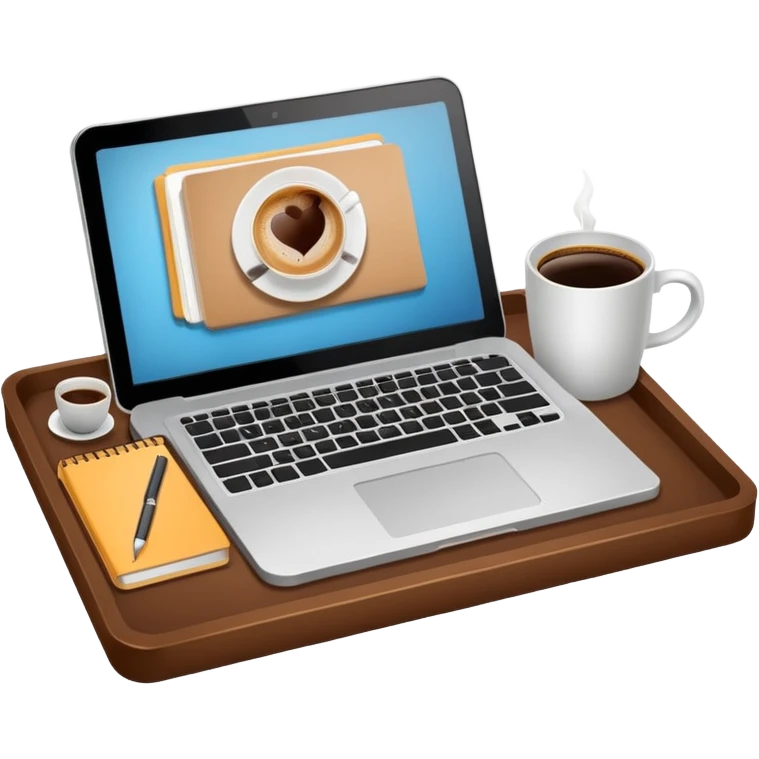 Laptop on the rectangular brown coffee tray, coffee and notebook emoji
