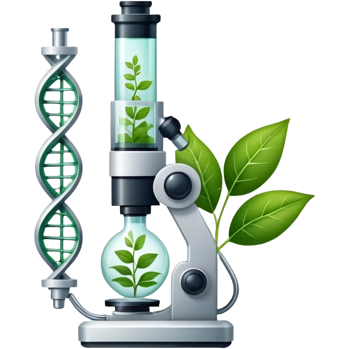An icon featuring a microscope, a DNA strand, and plant leaves, symbolizing biology. The design includes cells, a test tube with a plant sample, representing life sciences, ecosystems, and the study of organisms. Transparent background highlights the exploration of living systems. emoji