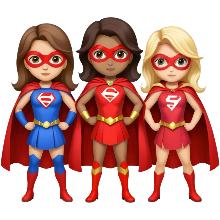 three superhero girls with capes and masks in different colors emoji