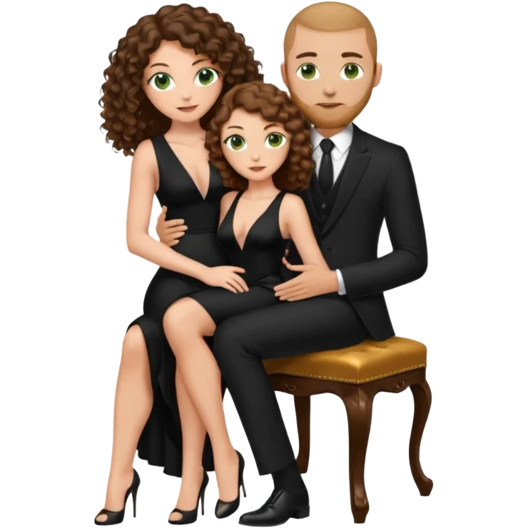Sensual woman green eyes brown long curly hair evil occult,with 7 inch platform stripper high heels long low cut black dress, holding a tan man, sitting on a buzz cut hair brownman’s pimp lap, holdingwomans butt man is wearing a black suit emoji