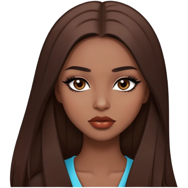 pretty baddie model, brown straight hair, cute lips, pale skin, long hair, dark brown eyes, bold black eyeliner emoji