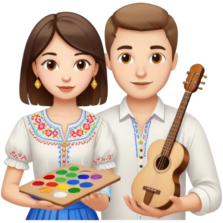 a guy in a white Ukrainian embroidered shirt and a girl in a white Ukrainian embroidered shirt, holding music and a paint palette emoji