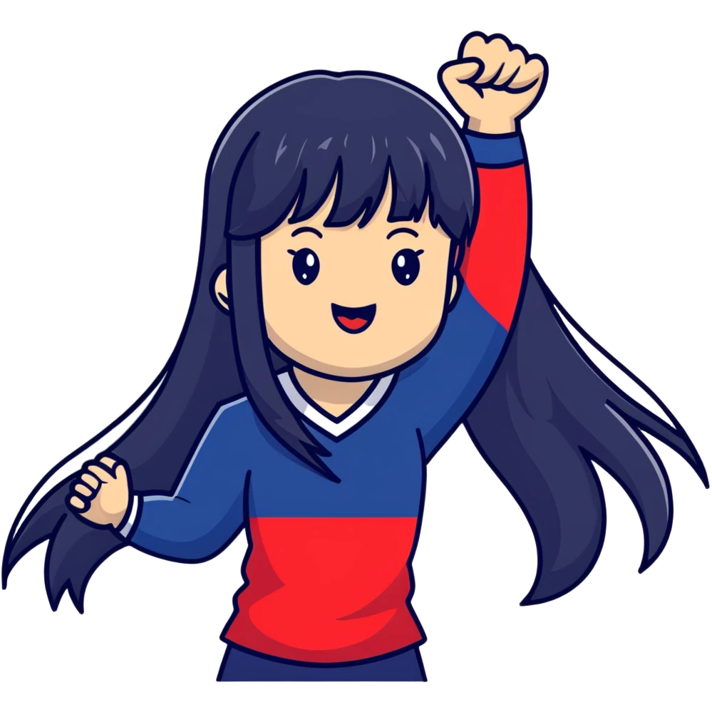 East Asian woman with long black straight hair and bangs wearing Doosan Bears team colors navy blue and red, cheering emoji