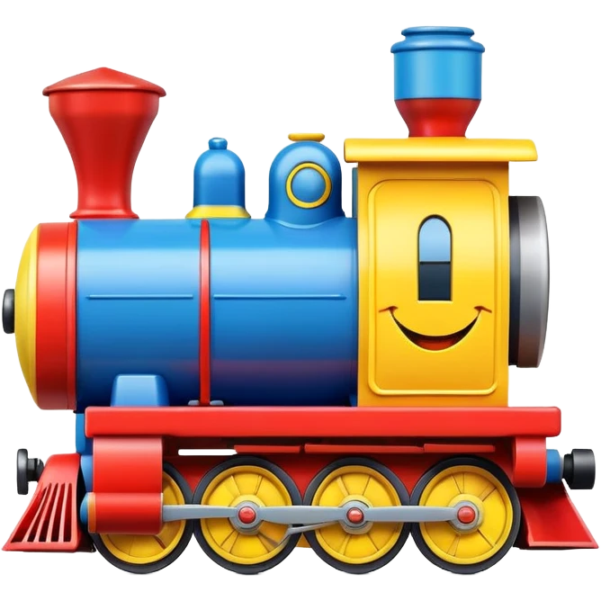 A colorful toy train engine with a big happy smiling face on the front emoji