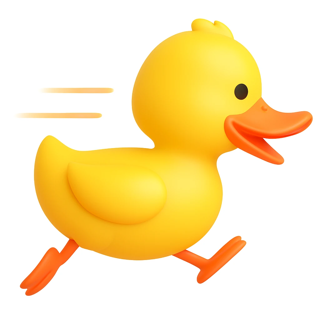 Turn the 3D emoji style cartoon duck to the side in a dynamic racing pose, as if it's moving quickly forward. Keep the same 3D animated look. emoji