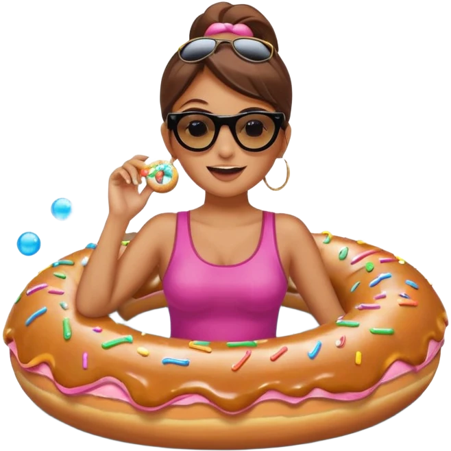 A woman riding a donut float, with bubbles popping all around her emoji