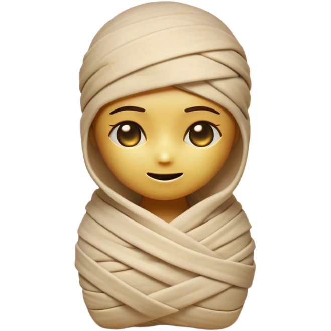 Cinematic Cute Mummy Portrait Emoji, with a delightfully charming, slightly clumsy bandaged form in warm faded tones and subtle hints of gold, featuring wide, curious eyes peeking from the wrappings and a sweet, innocent smile, simplified yet adorably detailed, glowing with a soft, ancient warmth and a gentle outline that captures the playful spirit of an ancient mummy! emoji