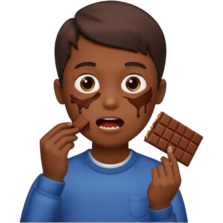 A boy holding a chocolate bar with him chewing on the bite he took emoji