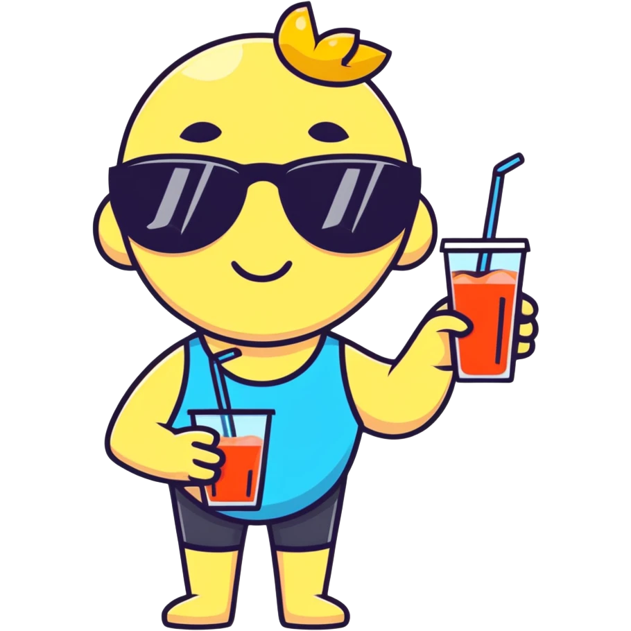 hand with sunglasses, holding fruit juice, on a sunny beach emoji