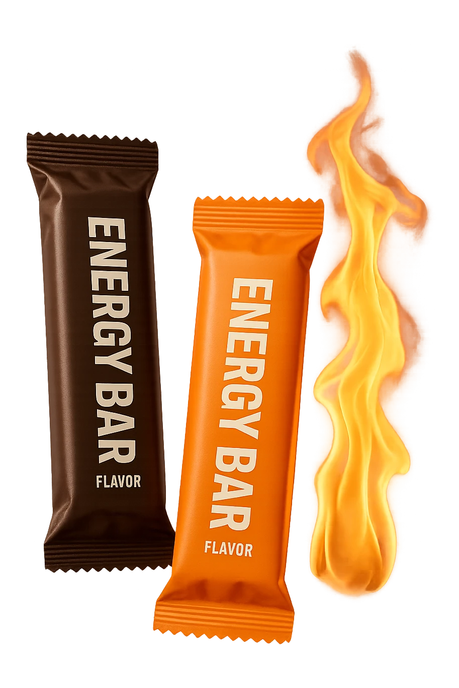 due barrette energetiche confezionate fluttuano in aria insieme ad una fiamma iperrealistici emoji