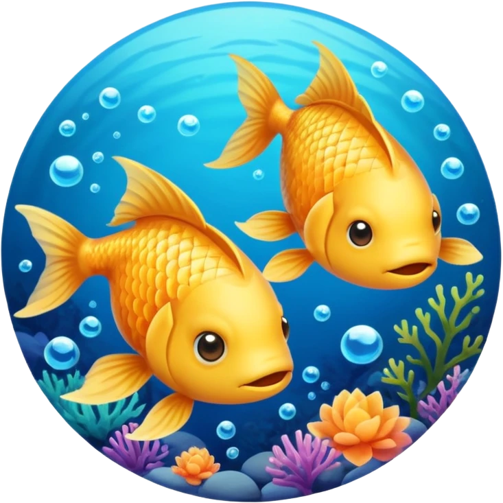 Make an emoji with two fish as pisces from horoscope, make them look very cute and emoji like. In a circle, from top down view emoji