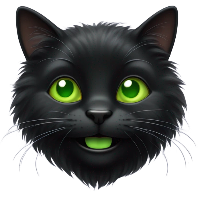 black fluffy cat with green eyes smiling emoji