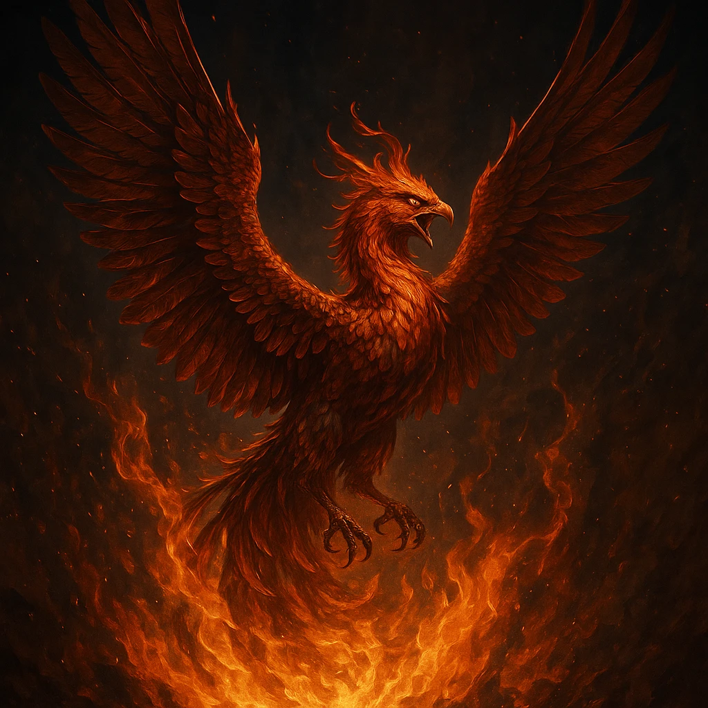 a fierce phoenix rising from flames, dramatic lighting, detailed plumage emoji