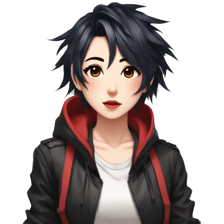 Gorgeous anime style tomboy-lady with blushing face aesthetic and pretty edgy black red punk hair with hair garment trending style emoji