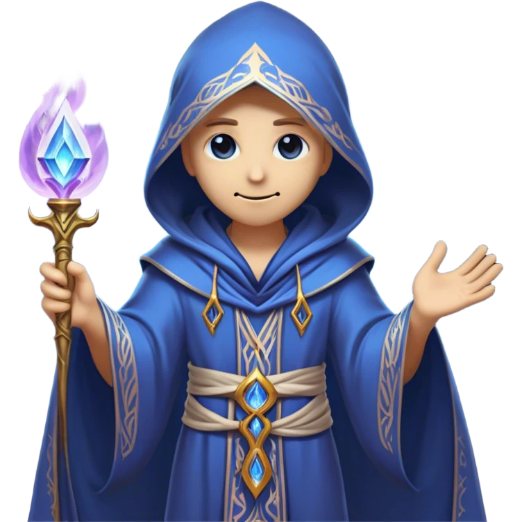 Clash of Clans aesthetic friendly Mage Portrait Emoji, With an enigmatic, slender build draped in flowing mystical robes adorned with arcane symbols, piercing eyes and a determined aura, his face rendered in a natural skin tone (not yellow), Simplified yet sharply defined features, highly detailed, glowing with a cool, otherworldly radiance, high shine, wise and resolute, stylized with an air of ancient sorcery, focused and mystical, soft glowing outline, capturing the essence of a powerful mage ready to unleash enchanted spells on epic adventures! emoji