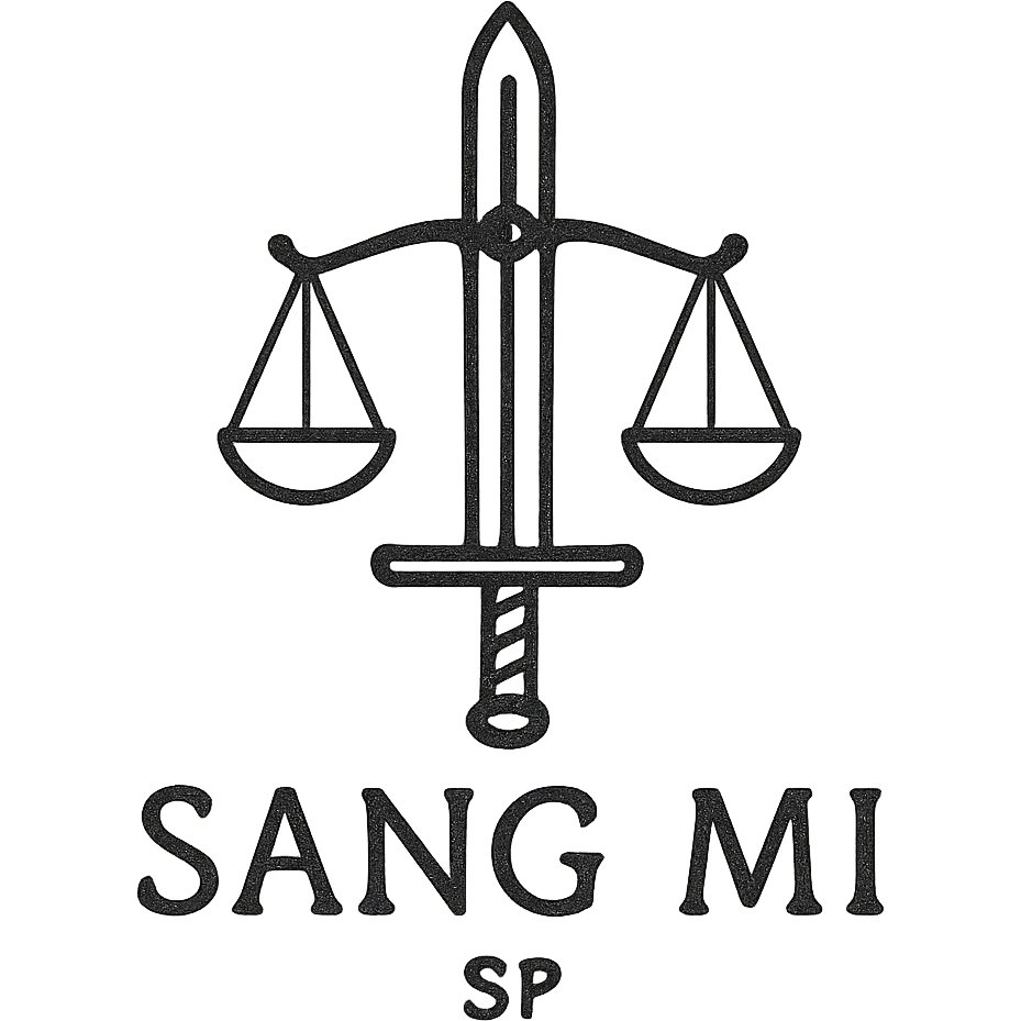 A minimalist emblem for SANG MI with a sleek, modern design. It should include a silhouette of a sword and a balance scale, using a monochromatic color scheme. The emblem should have a small, hidden 'SP' mark to signify the secretive nature of the unit. emoji