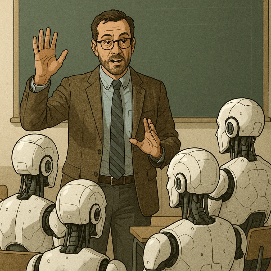 A human teacher standing in front of a classroom of androids, raising a hand to explain a concept emoji