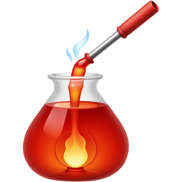 Glassblowing and casting icon, molten glass being shaped into a delicate object with a blowpipe, glowing red-hot glass being poured into a mold, unfinished glass sculpture, minimalistic style, clean lines, transparent background. emoji