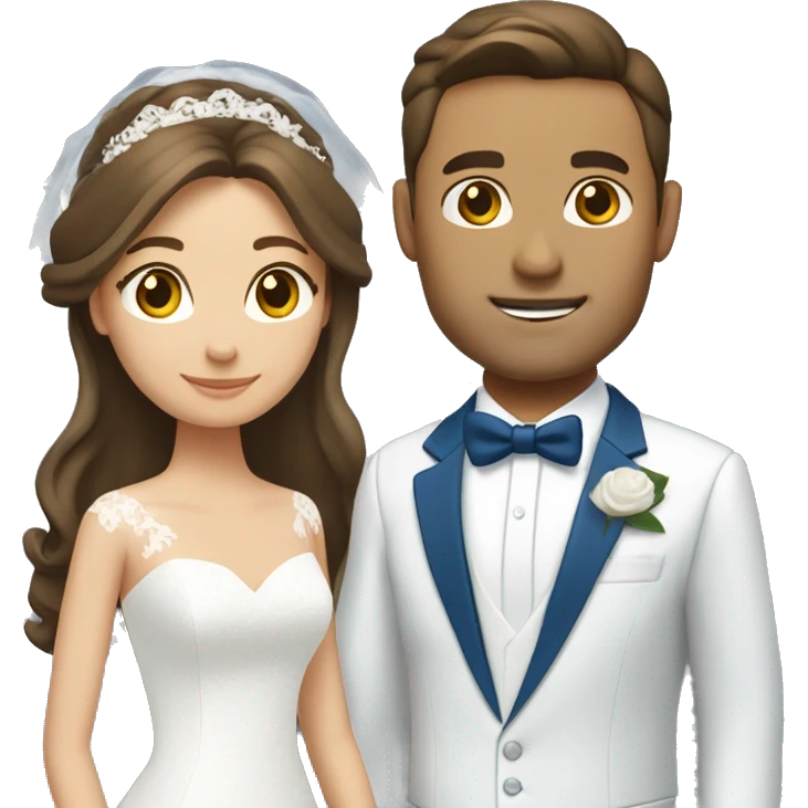 Wedding couple. Bride has brown hair half up. She wears white dress. She has brown eyes. Groom has blue suit and white tie. He has br own hair..  emoji