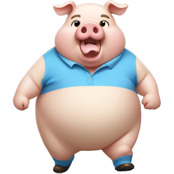 
fat pig dancing non-stop with light blue polo looking ahead emoji