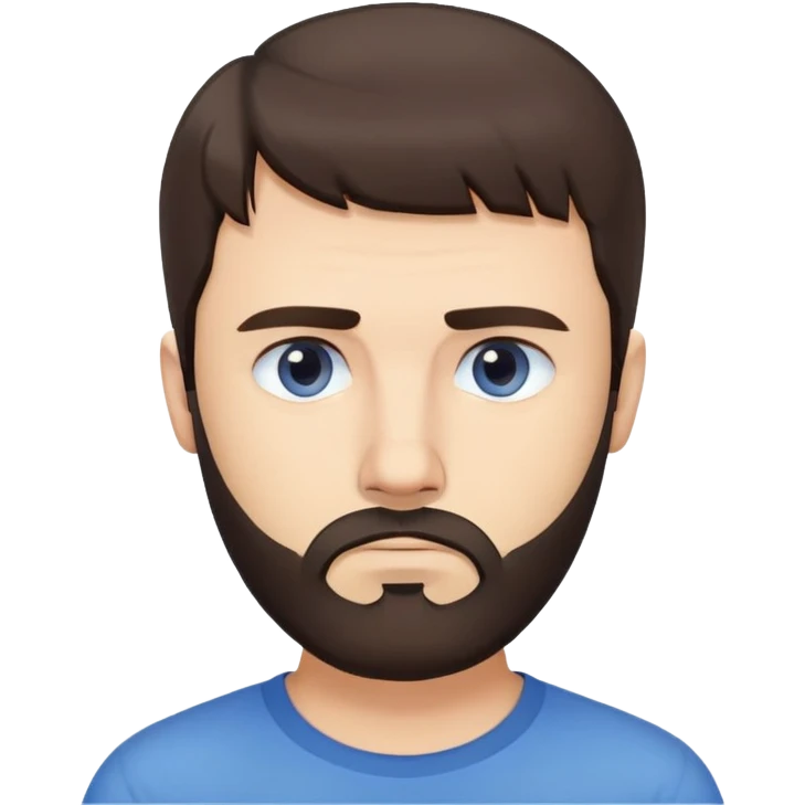 Caucasian man with straight dark brown hair styled loose with fringe, short full beard, neutral serious expression, simple blue shirt emoji