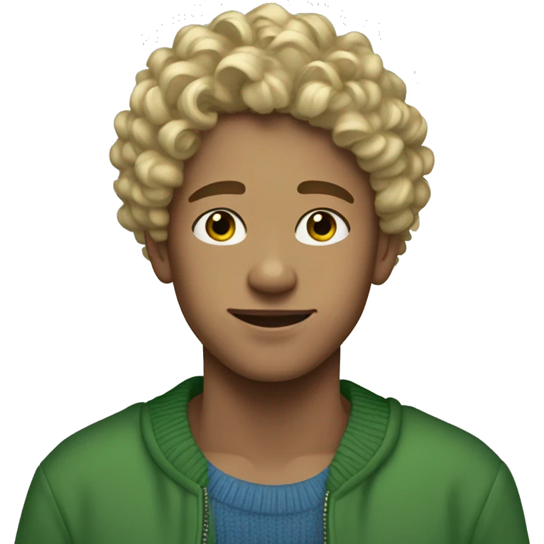 Teen boy short curly blonde hair blue tips green sweater  emoji