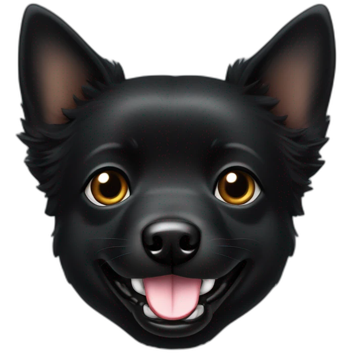 Black schipperke head with only black hair, mid length hair with tongue stuck out and dark brown eyes emoji
