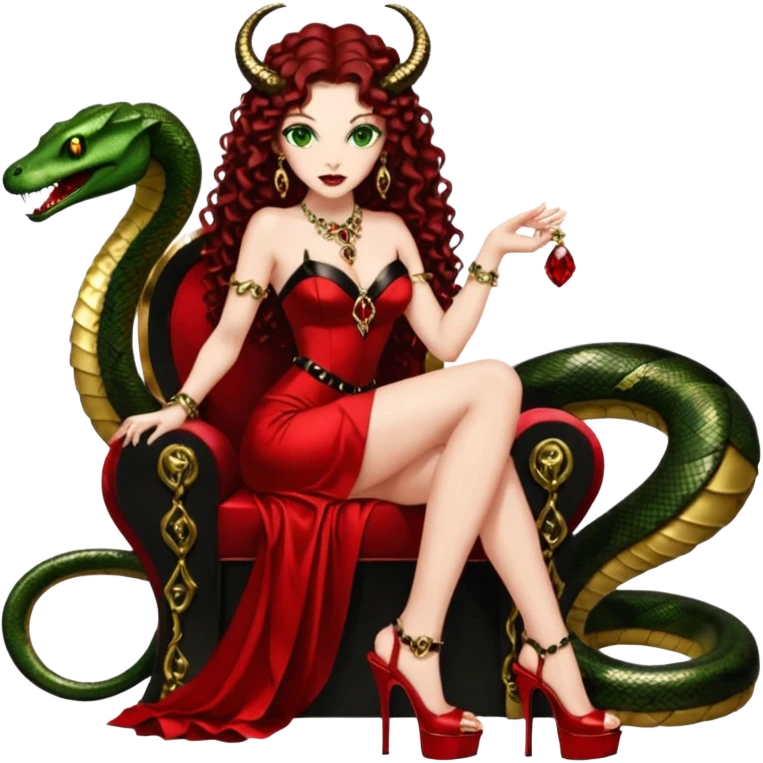Lilith green eyes, symbol seductress evil brown curly long hair haired, sexy succubus woman with red and black Chanel dress on. A red and black stiletto platform high heel shoes on. sitting on a Black and gold throne. A giant snake sitting beside her. Red rubies and black diamonds surround them both emoji