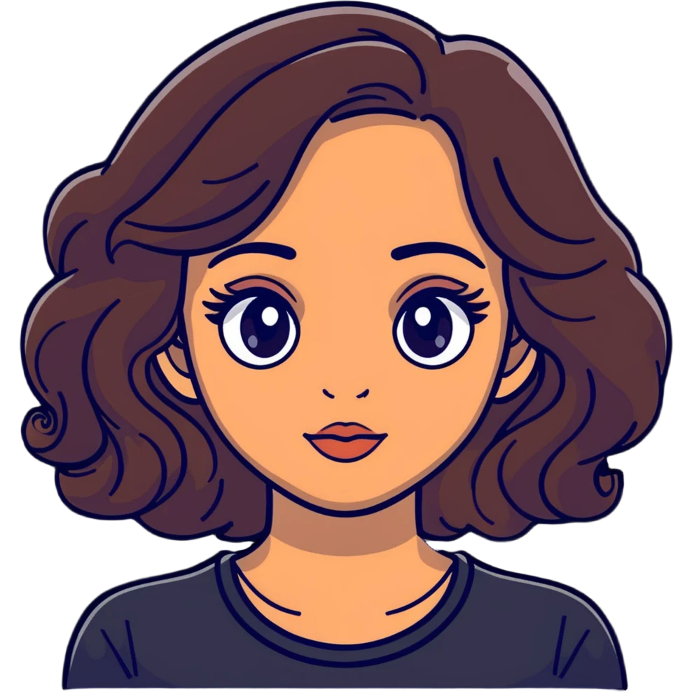 woman face with big eyes, medium skin tone, and dark wavy hair emoji