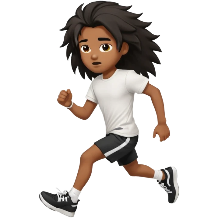 generate a pretty bratz brown skinned boy with black messy long hair wearing a white tshirt and black running shorts. running on the street with white sneakers emoji