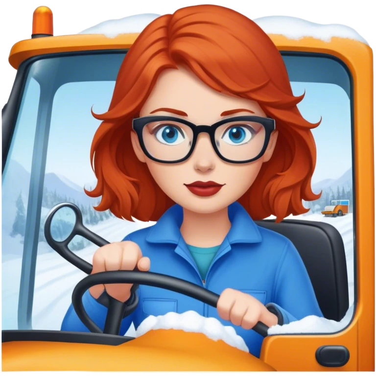 Red headed lady with glasses and blue eyes driving snowplow truck emoji