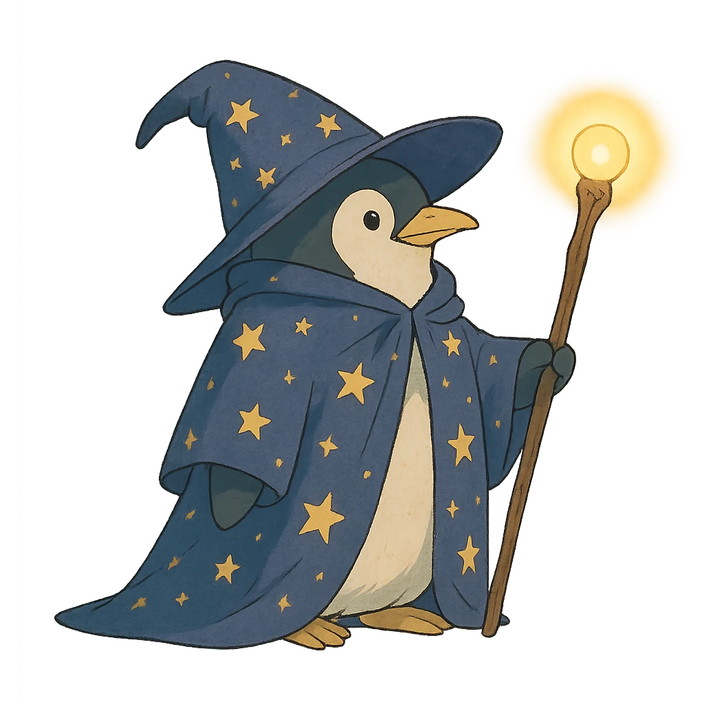 ghibli style penguin wizard with a starry cloak and glowing staff emoji