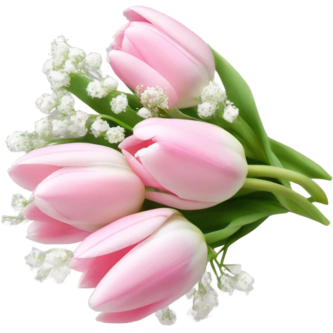 bouquet of light, pink tulips and babies breath ￼ emoji