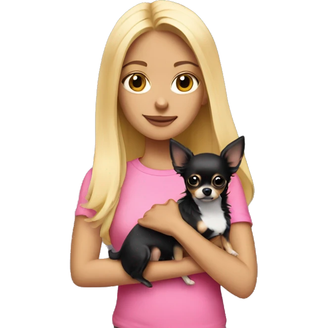 Blonde girl in a pink shirt holding a black long haired chihuahua  emoji