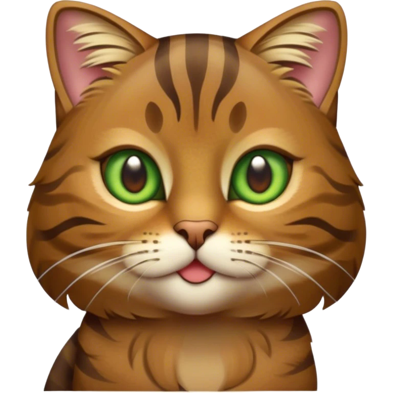 Cinematic Cute Brown Tabby Cat Portrait Emoji, Head tilted playfully and inquisitively, soft brown fur with rich dark tabby stripes and a distinctive M-shaped marking on the forehead, wide, sparkling golden-green eyes filled with curiosity, Simplified yet irresistibly adorable features, highly detailed, glowing with a warm, friendly glow, high shine, affectionate and lively, stylized with a touch of whimsy, bright and endearing, soft glowing outline, capturing the essence of a mischievous yet loving kitten, so playful it feels like it could pounce out of the screen and into your arms! emoji