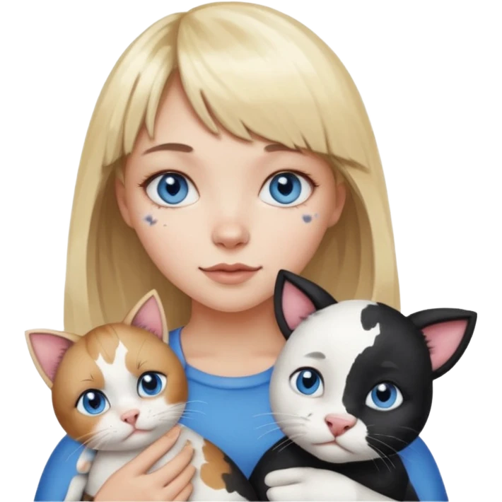 Cute cat black and white stain like a cow in the arms of a blond girl with bangs and blue eyes emoji