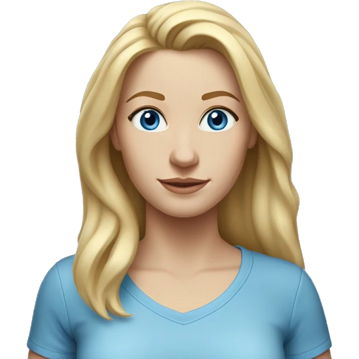 A head and shoulders shot of a 34 year old white woman, with long blonde hair,   with blue eyes wearing a t-shirt. emoji
