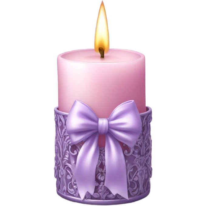A soft pink candle in an ornate lavender glass holder, tied with a delicate satin bow. emoji