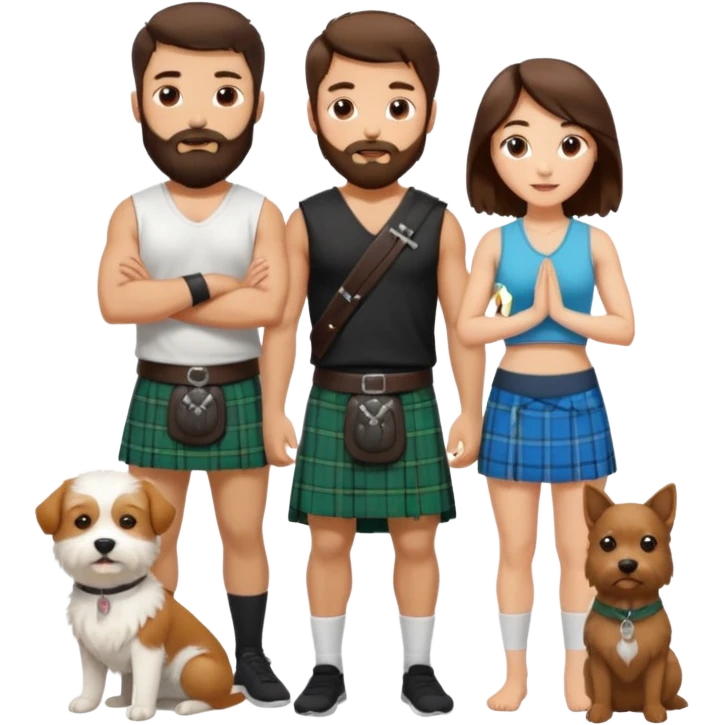 emoji of brunette man with beard wearing kilt, brunette woman in yoga outfit and one white fluffy dog emoji