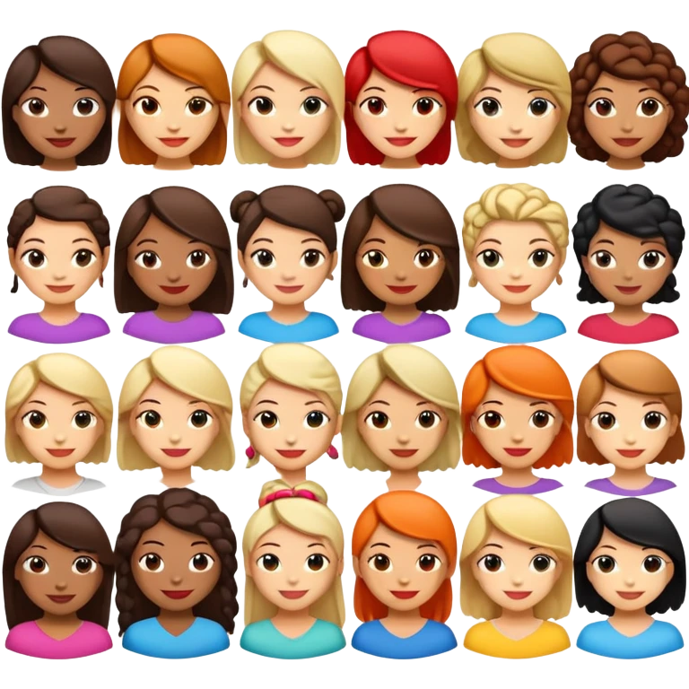 Design a set of emoji-style characters representing diverse women from around the world. Include different skin tones, hairstyles, clothing styles, and cultural backgrounds. Each woman should be smiling or expressing a positive emotion. The emojis should be simple, colorful, and suitable for digital use, with a friendly and inclusive look.” emoji