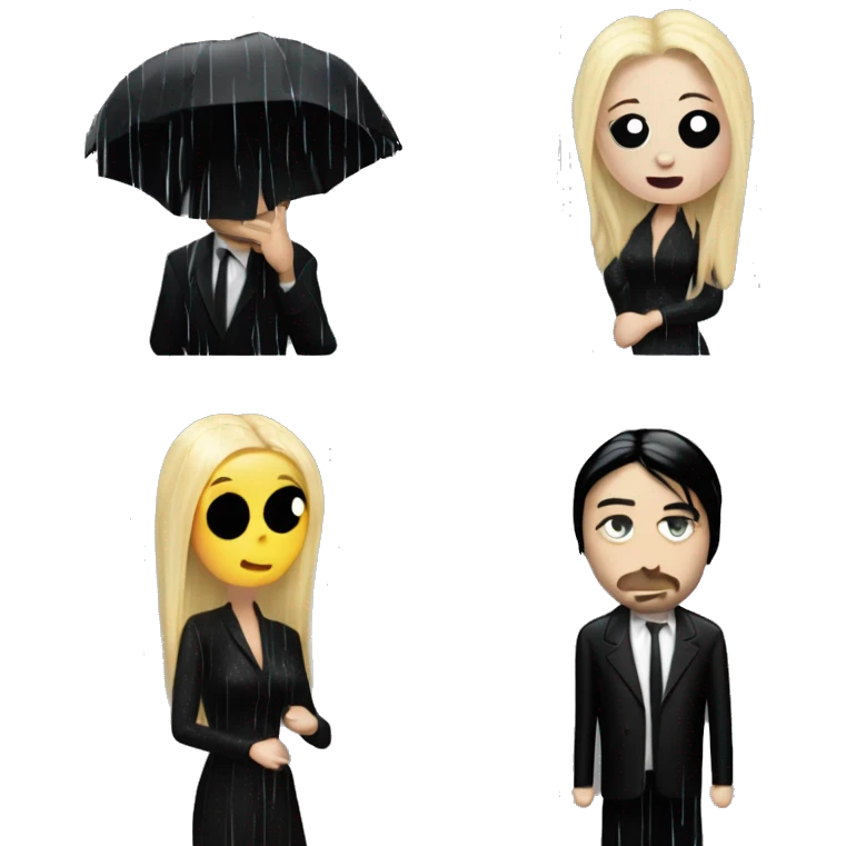 Realistic silkstone morticia addams kissing sweetly Kurt Cobain in the rain. emoji