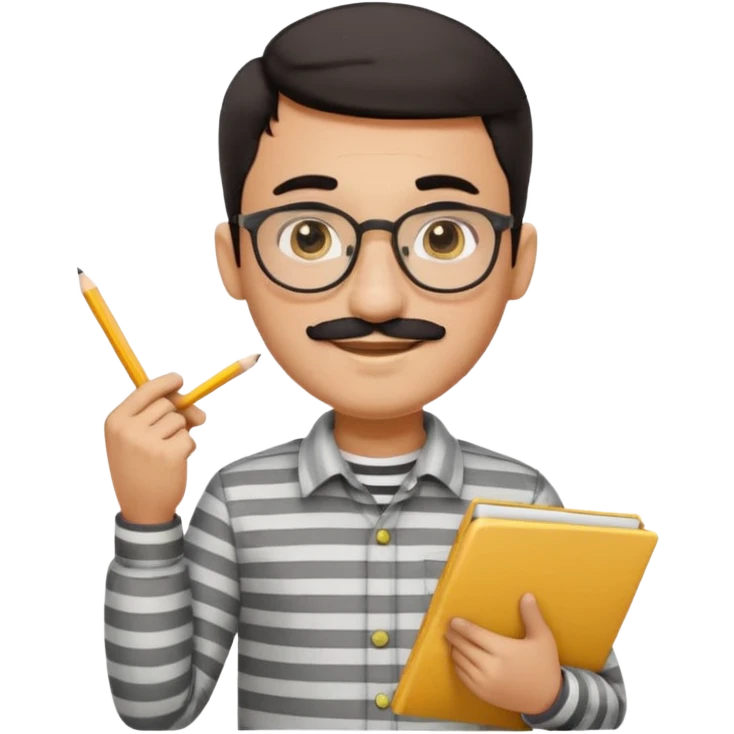 young Pakistani male shopkeeper, short dark hair, round eyeglasses, thick black mustache, smiling, light grey striped collar shirt, holding a small handwritten slip in one hand, yellow pencil behind ear, cartoonish, clean, rounded, expressive, no background, Apple emoji style emoji