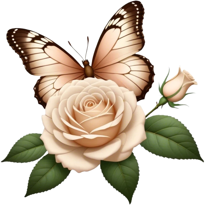 white Ascott tea rose next to a beige aesthetic vintage style leaf and a brown beautiful butterfly emoji