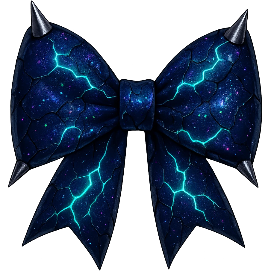 Remove the chains but keep the metallic spikes on the gothic bow with fractured deep blue glass, iridescent holographic stardust, neon lightning bolts, and a wet, shiny finish. Keep the background transparent. The style should reflect a gothic bow with detailed metallic spikes and a wet shiny finish, emphasizing fractured deep blue glass, iridescent holographic stardust, and neon lightning bolt effects. emoji