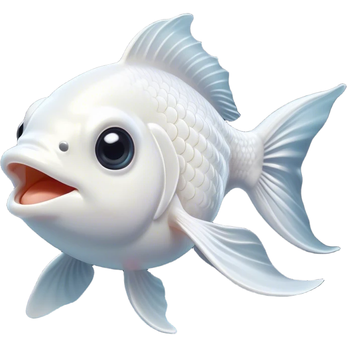 Cinematic Comical White Goldfish Portrait Emoji, Head tilted dramatically with an exaggeratedly amused expression, featuring a striking, glossy pure white body with elegantly fluttering fins, wide, expressive pale eyes filled with playful disbelief, Simplified yet hilariously expressive features, highly detailed, glowing with a slightly sassy glow, high shine, dramatic yet playful, stylized with an air of cheeky mischief, bright and endearing, soft glowing outline, capturing the essence of a spirited and over-the-top goldfish, so meme-worthy it feels like it could side-eye its way into internet fame instantly! emoji