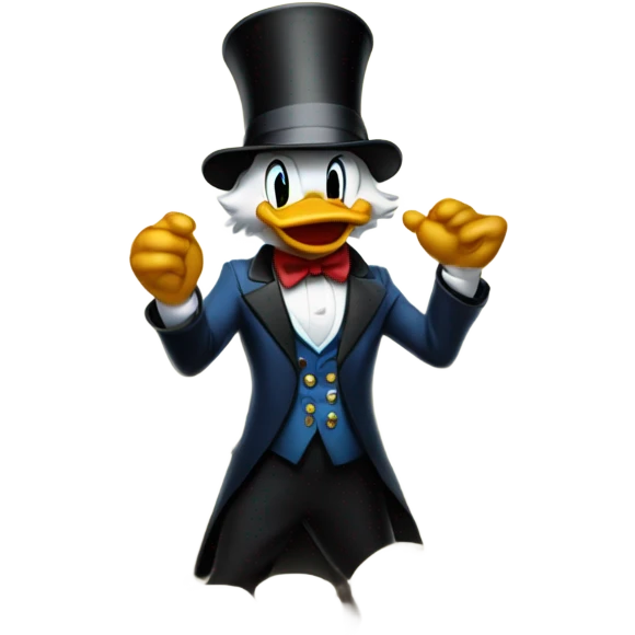 a slim successful looking scrooge mcduck standing atop a pile of money emoji