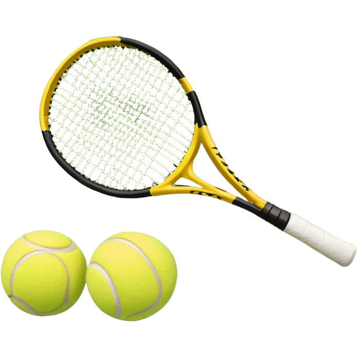 A tennis racket and a ball placed on the ground, with a tennis court in the background. The court lines and net are visible, emphasizing the structure and focus of the sport, creating a dynamic and energetic vibe. emoji