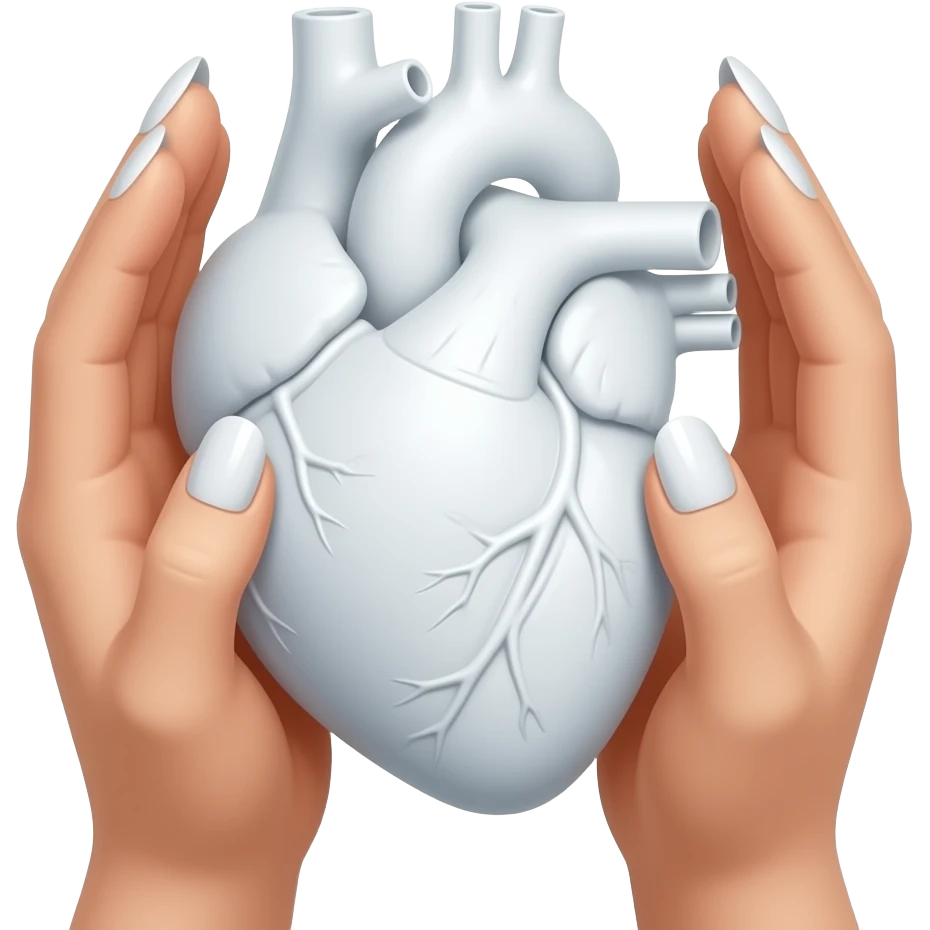 белые руки с длинным маникюром белого цвета от первого лица по локоть держат анатомическое сердце белого цвета emoji